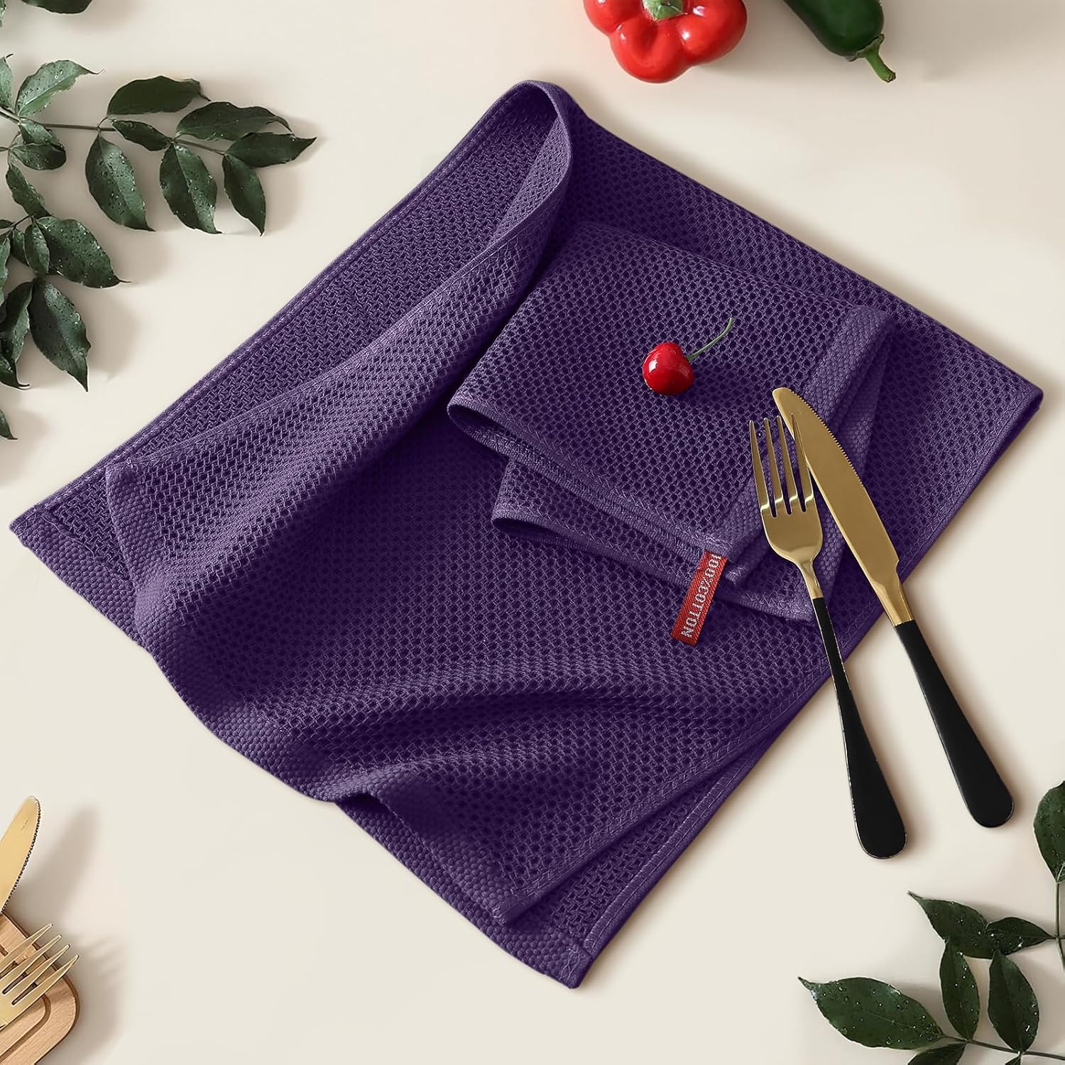 Kitinjoy 100% Cotton Waffle Weave Kitchen Towels (13 X 28 Inches, Eggplant), 4-Pack Super Soft and Absorbent Dish Towel for Drying Dishes, Kitchen Hand Towels