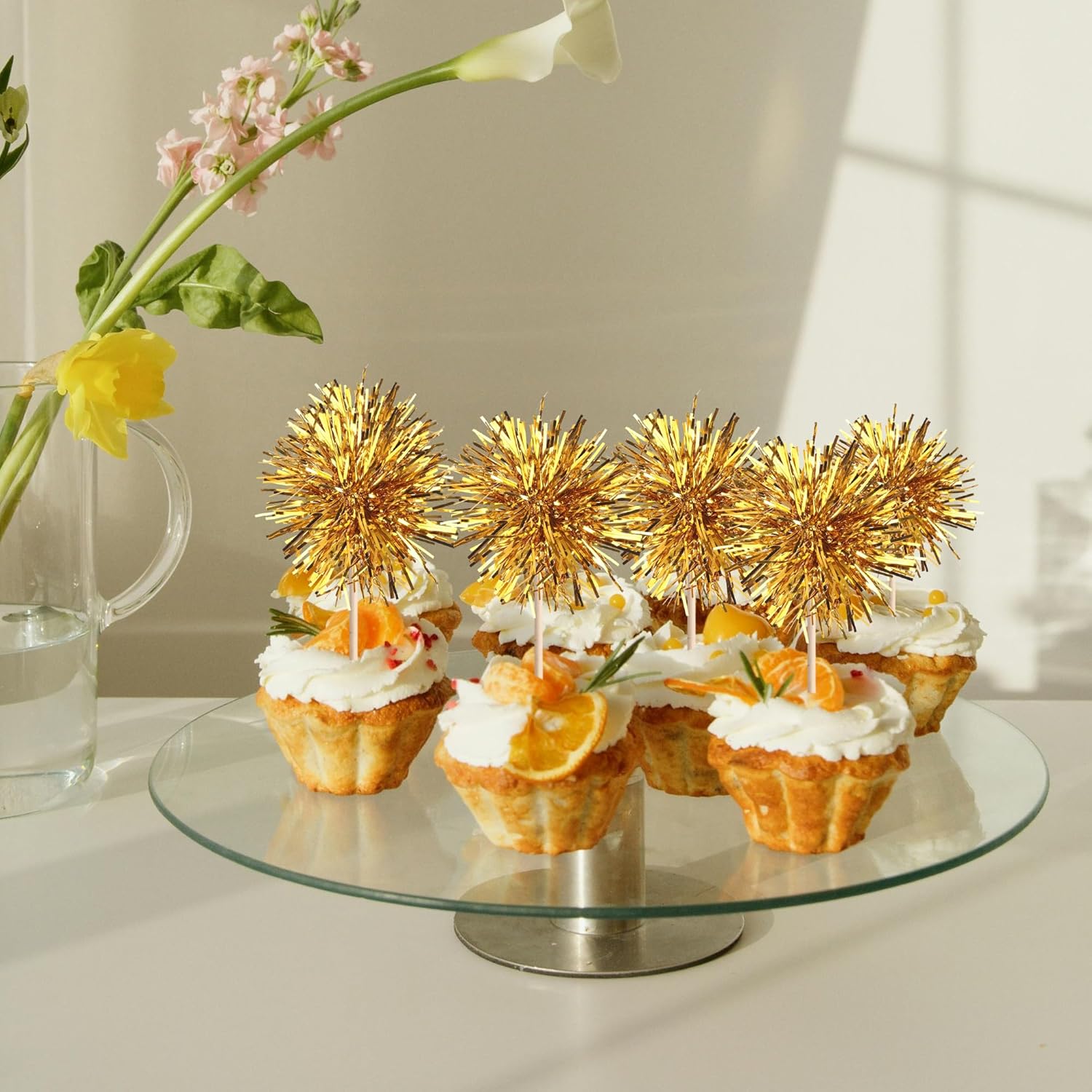 40 PCS Foil Firework Cupcake Toppers Fireworks Cupcake Picks Sparkle Tinsel Cake Decorations Cocktail Fruit Toothpick for Firework Theme Birthday Wedding Graduation Party Decorations Supplies Gold