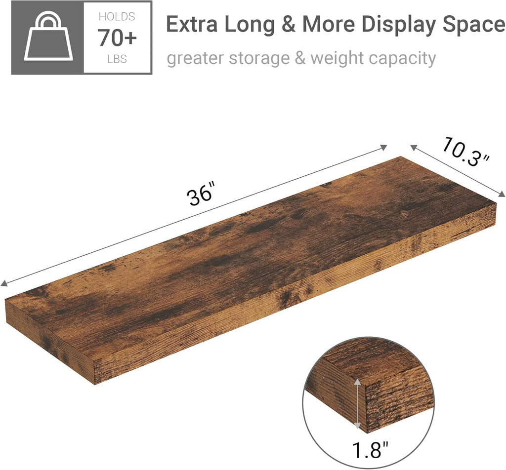 Vivelove Floating Shelves 10 inches Deep, Long 36 x 10 x 1.8 Wall Shelves for Bedroom, Living Room, Kitchen, Office, Bathroom Farmhouse Shelf Home Decor with Invisible Bracket, Rustic Brown