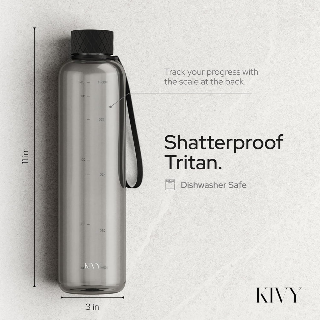 KIVY Slim Water Bottle 32oz [Lightweight & Shatterproof] Fits Backpack & Cupholder for Travel, Sports, School, Gym - Clear water bottle with measurements - Transparent Tritan Black - Dishwasher Safe