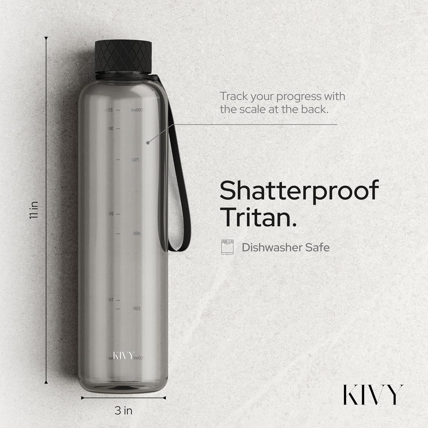 KIVY Slim Water Bottle 32oz [Lightweight & Shatterproof] Fits Backpack & Cupholder for Travel, Sports, School, Gym - Clear water bottle with measurements - Transparent Tritan Black - Dishwasher Safe