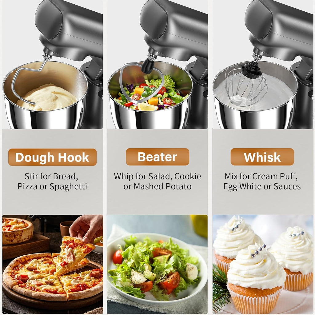 Stand Mixer with 3QT+3.5QT Dual Bowls, 10-Speed Electric 300W Food Mixer - Includes Egg Whisk, Dough Hook & Flat Beater for Home Baking & Daily Cooking (GraySilver)