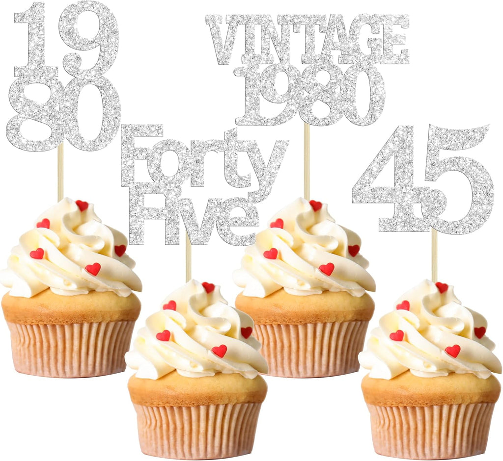 Gyufise 24Pcs 45th Birthday Cupcake Toppers Glitter Cheers to 45 Fabulous Forty Five Vintage 1980 Cupcake Picks 45th Birthday Wedding Anniversary Party Cake Decorations Supplies Silver