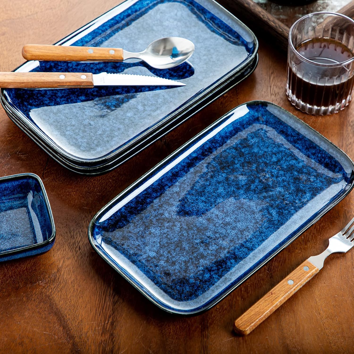 vancasso Stern Serving Platters Set of 4, 11 Inches Rectangular Ceramic Serving Plates, Blue Serving Trays for Entertaining