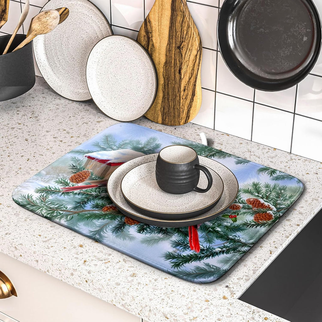 Winter Red Cardinal Bird Dish Drying Mat for Kitchen Counter,Holly Berry Branches Xmas Snowflake Cabin Drying Mat 16 x 18 Inch with High Absorbent Microfiber Drainer Mat for Coffee Bar
