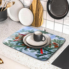 Winter Red Cardinal Bird Dish Drying Mat for Kitchen Counter,Holly Berry Branches Xmas Snowflake Cabin Drying Mat 16 x 18 Inch with High Absorbent Microfiber Drainer Mat for Coffee Bar