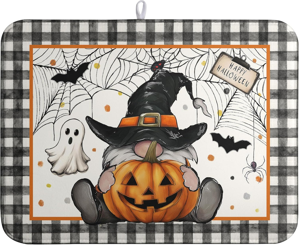 Halloween Gnomes Dish Drying Mat Bats Pumpkins Large Kitchen Mats Dish Drying Pad Buffalo Plaid Absorbent Dish Dryer Mat for Kitchen Countertops Microfiber Drainer Pad Dish Drying Mats (18x24 in)