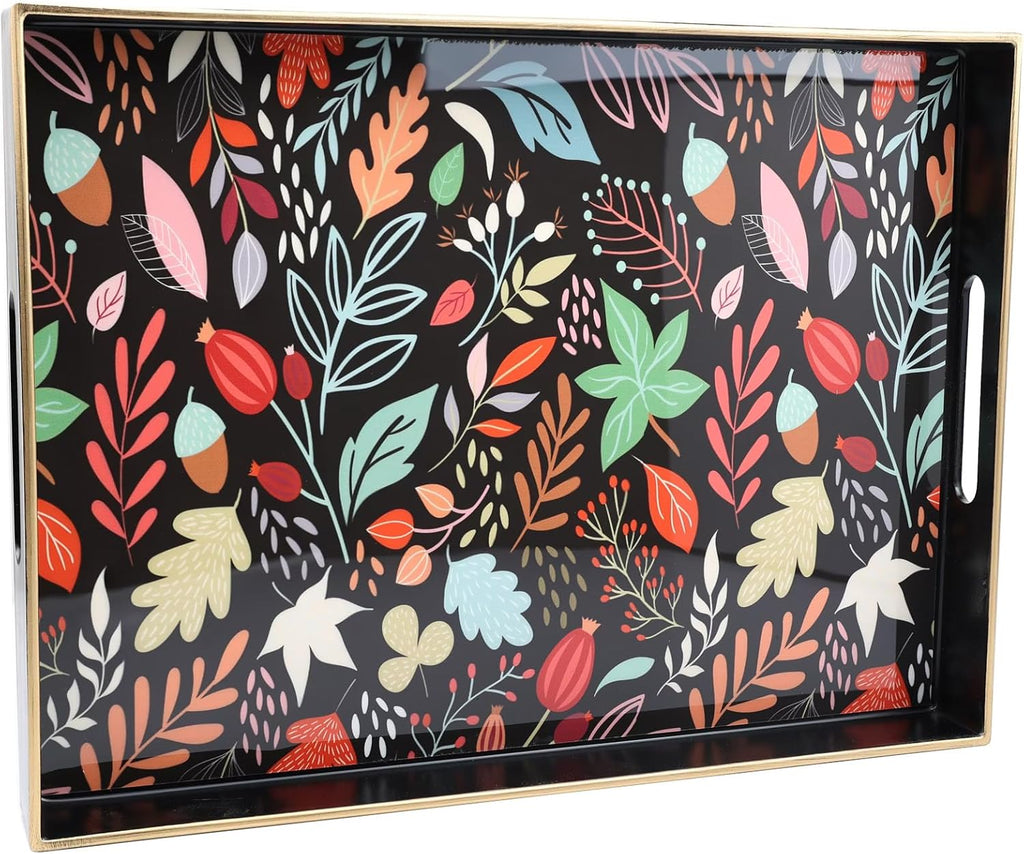 Rectangle Serving Tray with Handles, Coffee Table Tray for Ottoman, Organizer Vanity Tray for Living Room, Outdoor Tray for Patio Entertaining, Serving Breakfast Kitchen Platter LEE3040BH