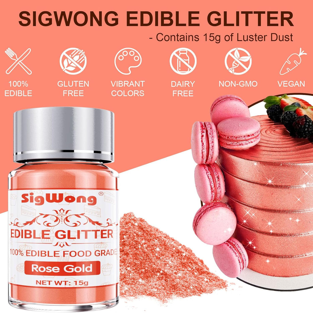 Rose Gold Edible Glitter - 15g Food Grade Luster Dust Powder, Cake Decorating Sprinkle Glimmery Dust for Drinks, Wine, Fondant, Chocolate, Candy, Cookie, Vegan