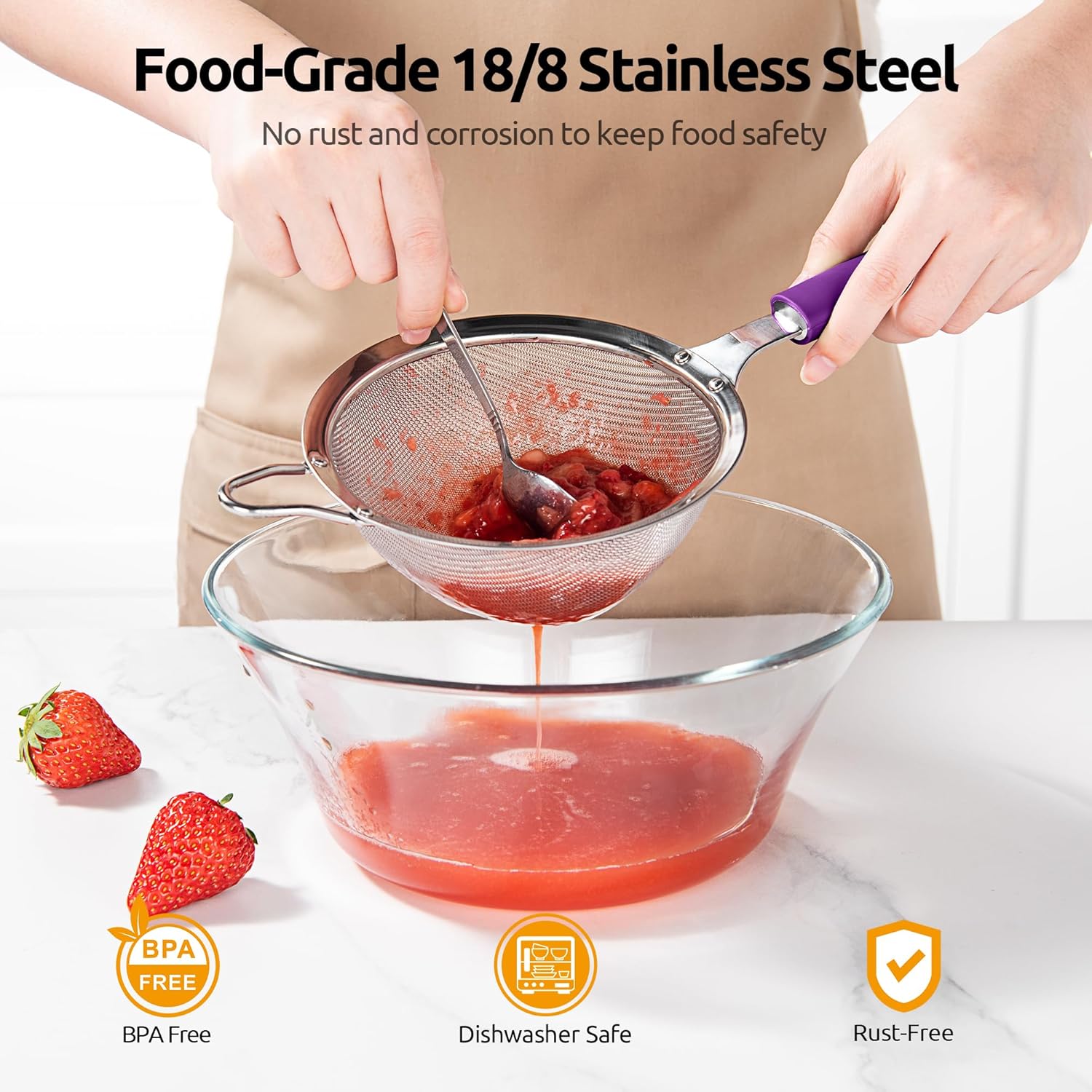 U-Taste Medium Fine Mesh Strainer: 18/8 Stainless Steel 4.73in 30 Mesh Kitchen Food Sieve with Sturdy Riveted Silicone Handle, Heavy Duty Deep Handheld Metal Colander for Rice, Quinoa, Flour (Purple)