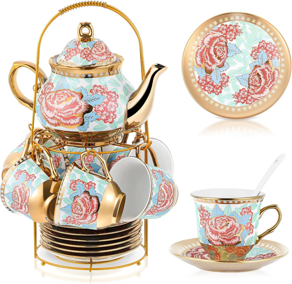 Zhehao 20 Pcs Porcelain Tea Set with Metal Holder and Spoon Adult Ceramic Tea Party Set European Flower Painting Teapot Cup Saucer Spoon Set for Women, Large Version(Vintage Style)