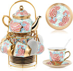 Zhehao 20 Pcs Porcelain Tea Set with Metal Holder and Spoon Adult Ceramic Tea Party Set European Flower Painting Teapot Cup Saucer Spoon Set for Women, Large Version(Vintage Style)