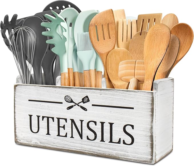 RedCall Wooden Kitchen Utensil Holder for Counter-top,Large Utensil Organizer for Storage Cooking Tool and Silverware,Extra Large Rustic Wood Container (Antique)