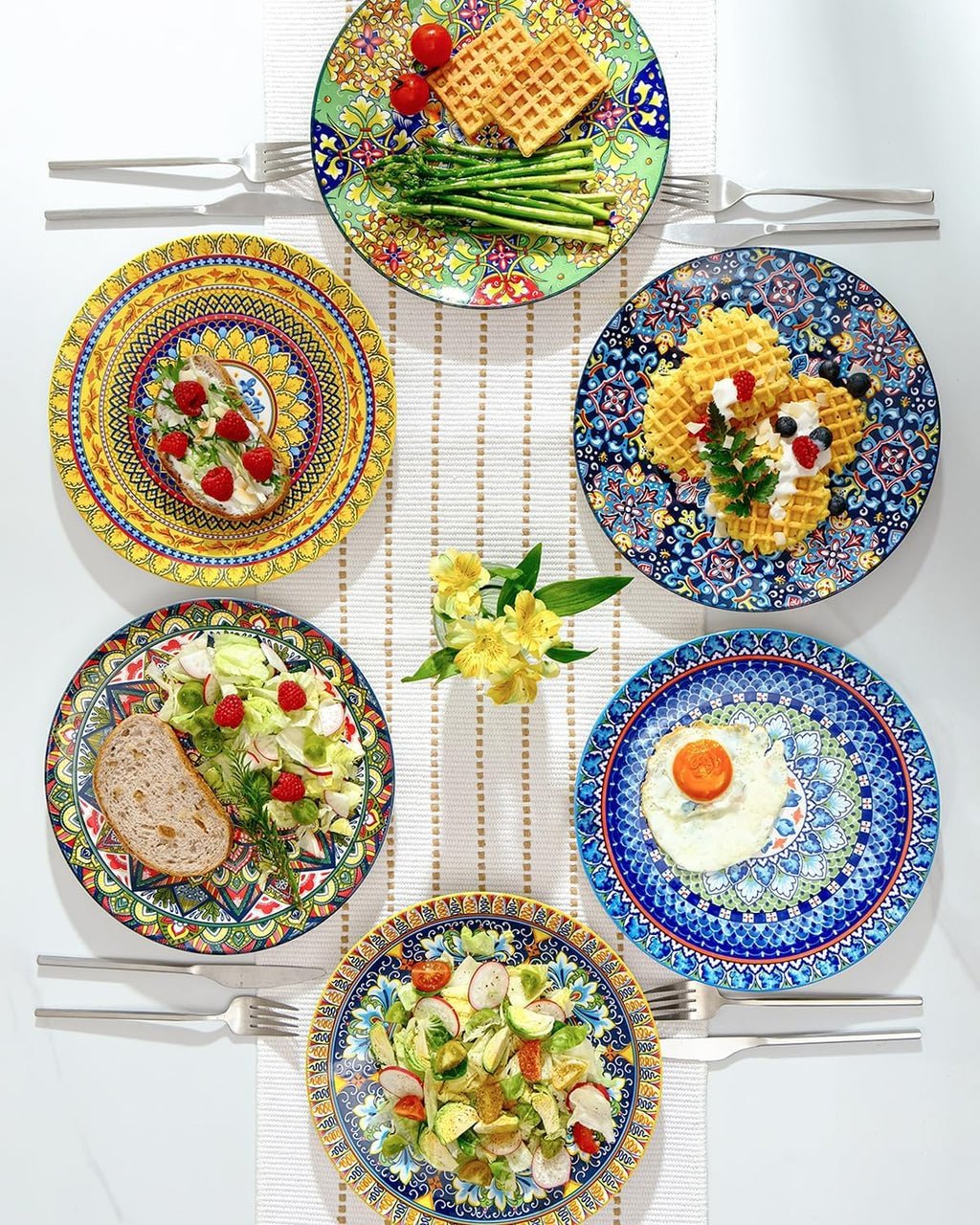 getstar Dinner Plates Set of 6, 10.5 Inch Ceramic Plates, Microwave, Oven and Dishwasher Safe, Colorful Bohemian Style Dishes for Kitchen