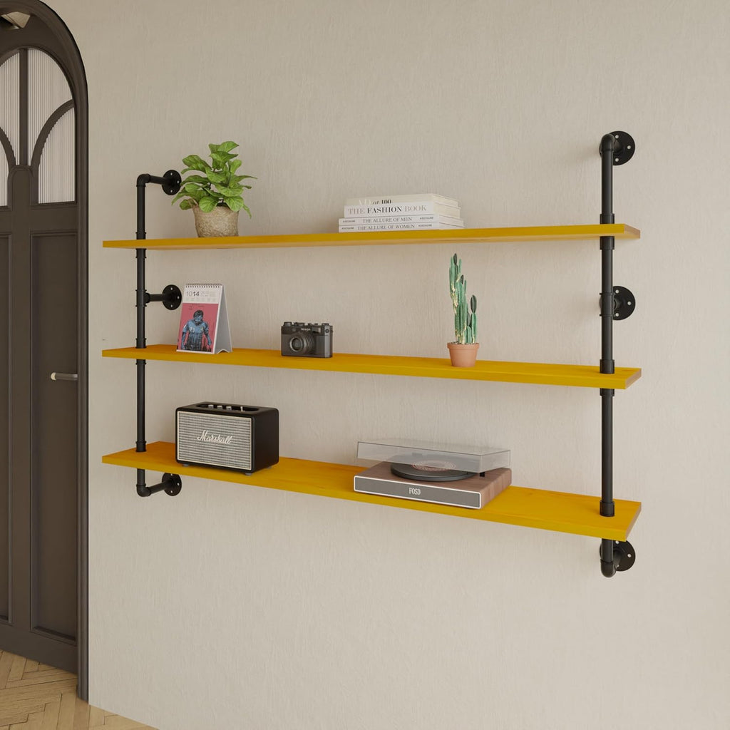 Industrial Pipe Shelving Shelf Rustic Black Wall Shelves Industrial Floating Shelves for Wall 48 Inch Farmhouse Bookshelf Pipe Shelves Living Room Kitchen