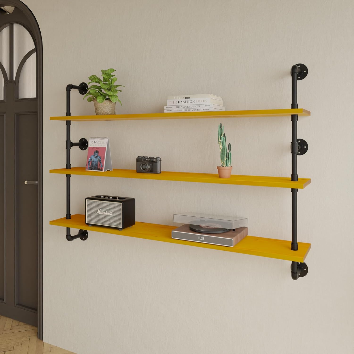 Industrial Pipe Shelving Shelf Rustic Black Wall Shelves Industrial Floating Shelves for Wall 48 Inch Farmhouse Bookshelf Pipe Shelves Living Room Kitchen
