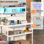 Aheaplus Bakers Rack with Power Outlet, Microwave Stand, 5 Tiers Coffee Bar Station with Led Lights, Kitchen Storage Shelf with 6 S-Shaped Hooks, Kitchen Rack Coffee Bar Stand, White