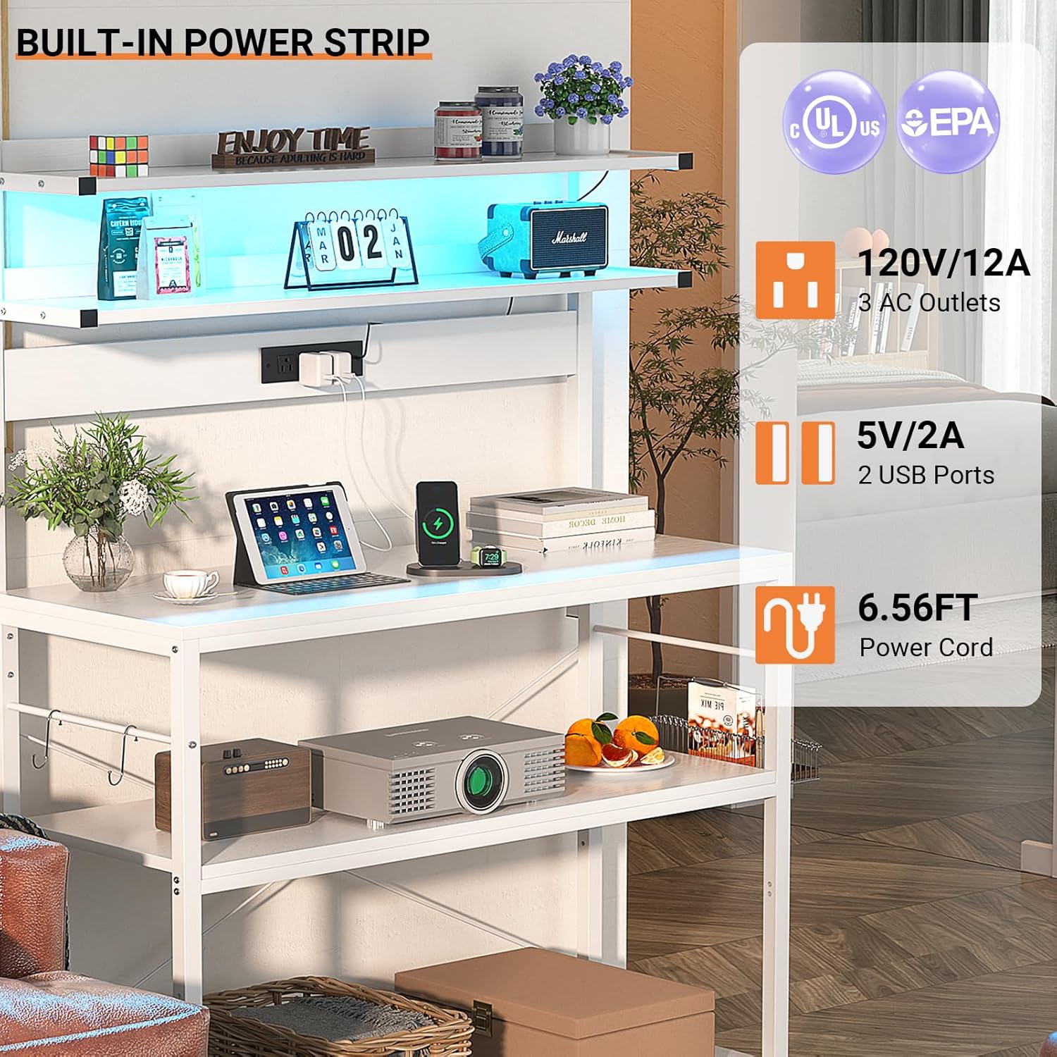 Aheaplus Bakers Rack with Power Outlet, Microwave Stand, 5 Tiers Coffee Bar Station with Led Lights, Kitchen Storage Shelf with 6 S-Shaped Hooks, Kitchen Rack Coffee Bar Stand, White