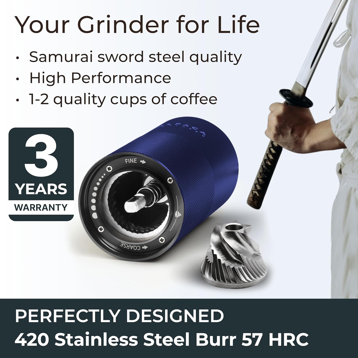 Manual Coffee Grinder by Alpaca Ventures - Stainless Steel Conical Burr Coffee Grinder Manual with Adjustable Setting Double Bearing Hand Espresso Grinder Perfect for Home, Office and Camping