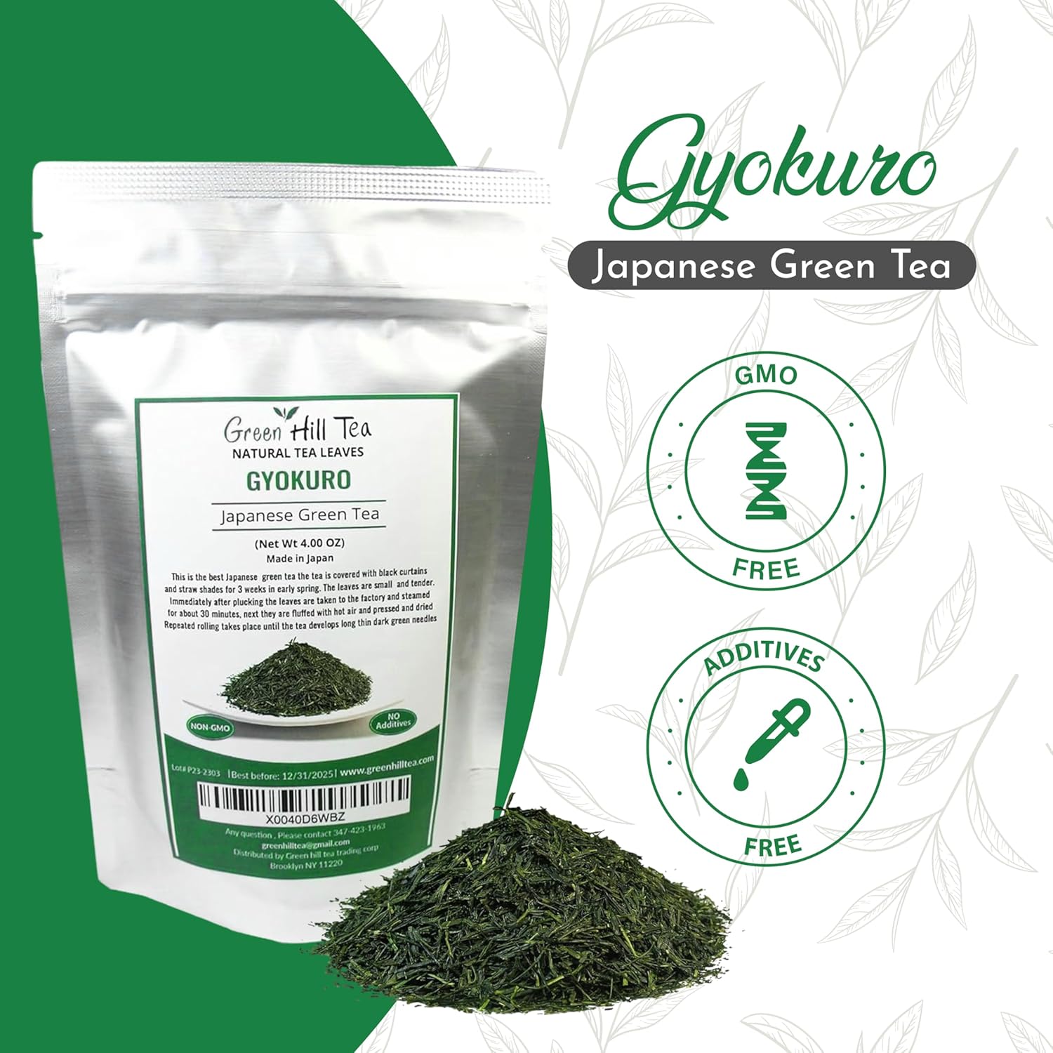 Greenhilltea Premium Gyokuro Japanese Green Tea finest green tea loose leave tea - 4 OZ Tea Bag.