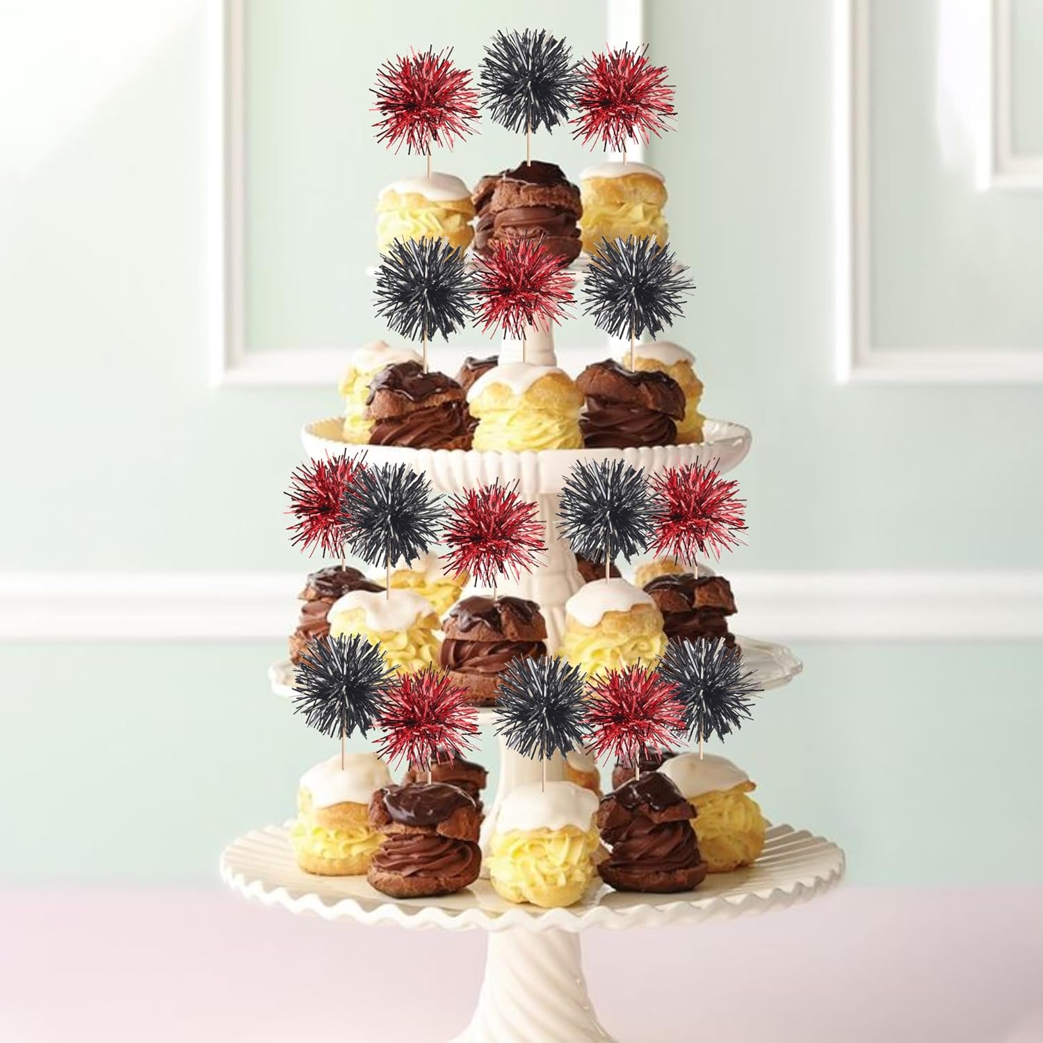 40 PCS Foil Firework Cupcake Toppers Sparkle Tinsel Cupcake Picks Fireworks Birthday Party Decorations Cocktail Fruit Toothpick for Birthday Wedding Graduation Party Decorations Supplies Black Red