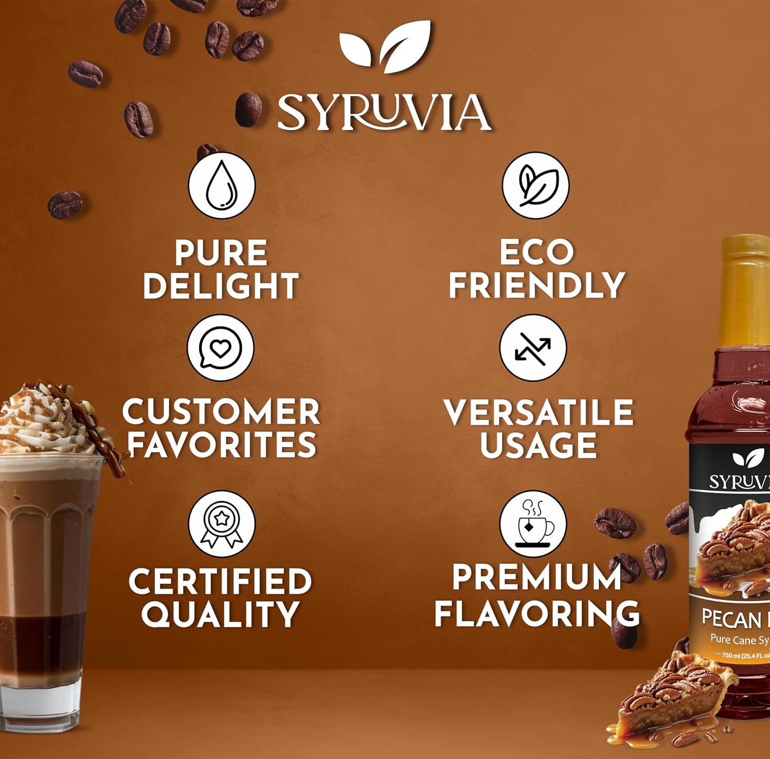 Syruvia Pecan Pie Syrup – 25.4 fl oz Syrup for Coffee, Lattes, Shakes, Smoothies, Desserts – 100% Vegan, Gluten Free, Kosher – Delicious Coffee Syrup