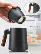 suyika Tea Cup with Infuser and Lid, 15.2 Ounce Wood Handle Ceramic Loose Leaf Mug Gradient Black 450ml
