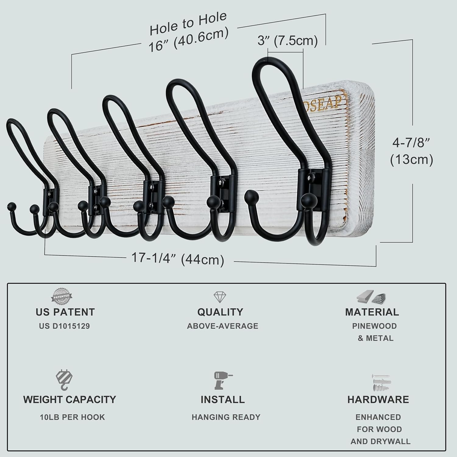 Dseap Coat Rack Wall Mounted - Heavy Duty Farmhouse Rustic Wall Coat Hanger with 5 Wire Hooks for Clothes Hat Jacket Towel, RusticWire, J1-5A, Whitewash & Black, Pack of 2