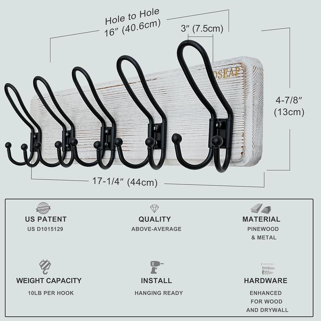 Dseap Coat Rack Wall Mounted - Heavy Duty Farmhouse Rustic Wall Coat Hanger with 5 Wire Hooks for Clothes Hat Jacket Towel, RusticWire, J1-5A, Whitewash & Black