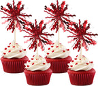 30 PCS Foil Firework Cupcake Toppers Sparkle Tinsel Cupcake Picks Happy Birthday Cake Toppers Drink Stirrers Cocktail Food Fruit Toothpicks for Baby Shower Birthday Party Decorations Supplies Red