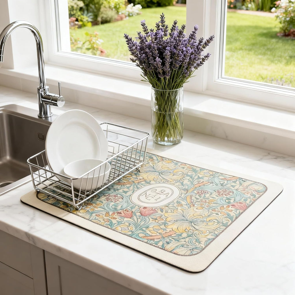 Dish Drying Mat Super Absorbent – 16" x 18" Coffee Mat for Countertops – Non-Slip Drying Mat for Kitchen Counter – Easy to Clean Water Absorbent Mat – Quick Dry Dish Mats (Botanic Garden)
