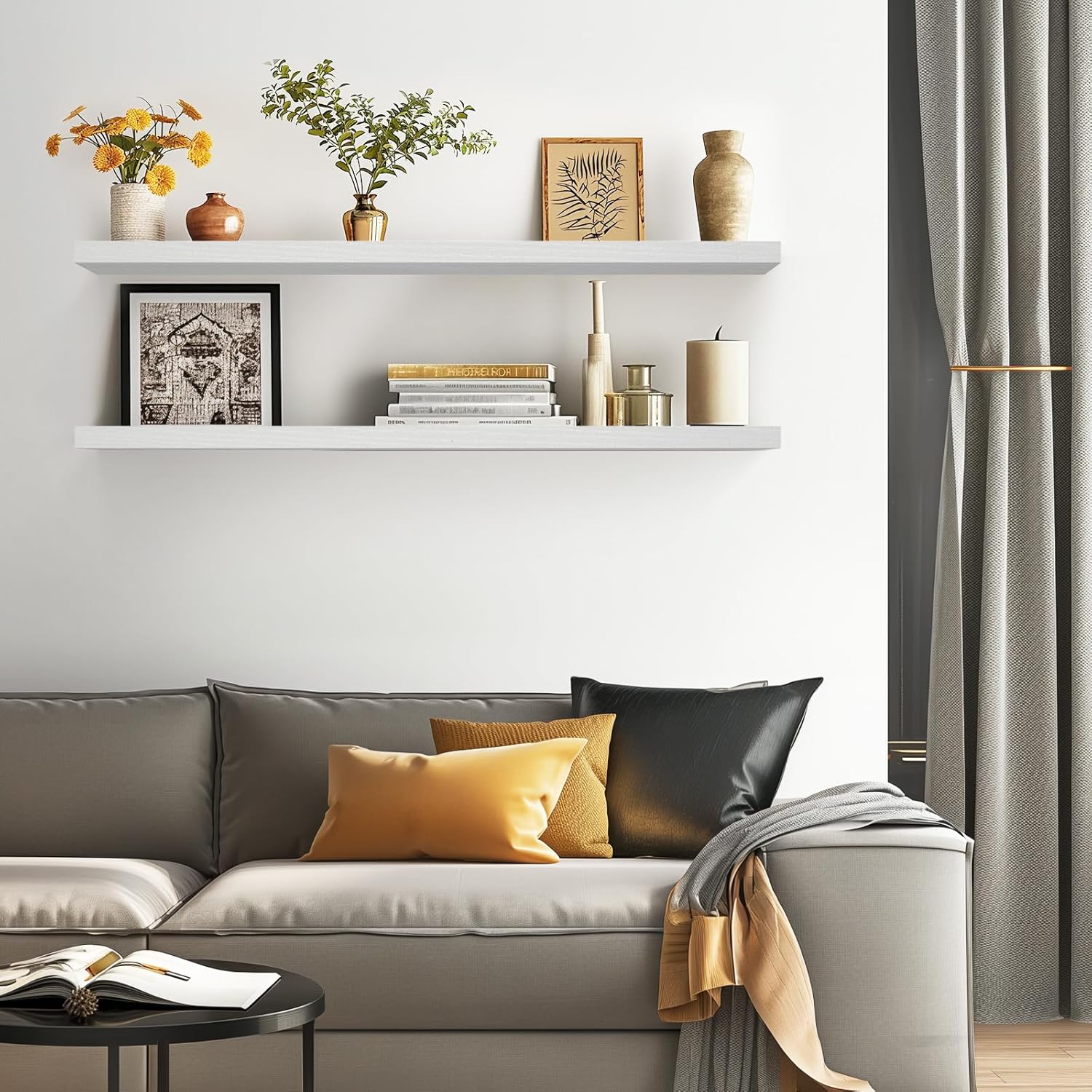 BAYKA Floating Shelves, 48" Wall Mounted Rustic Wood Shelves for Bathroom, Bedroom, Living Room, Kitchen, Office, Hanging Shelf for Books/Storage/Decor(White,Set of 2)