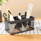 Utensil Caddy Metal Mesh Silverware Cutlery Organizer Basket with Bamboo Handle, Multi-Purpose Steel Wire Caddy 6 Compartment Flatware Basket for Kitchen, Countertop, Picnic, Restaurant, Black