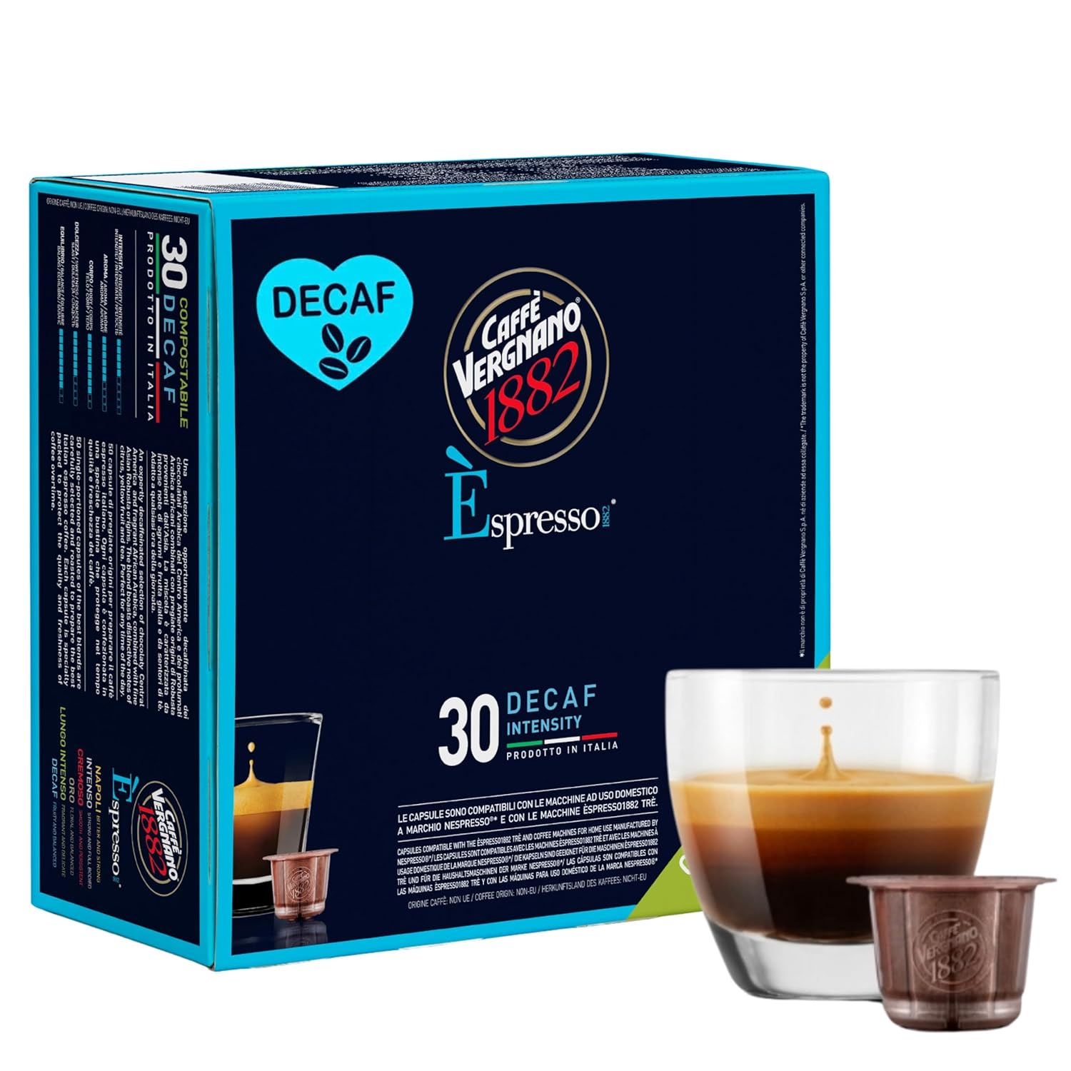 Caffe' Vergnano 1882 Decaf Medium Roast Espresso Original Line Machine Compatible Capsules, Arabica Robusta Espresso Coffee, Italian Coffee for Nespresso Machines, Intensity 5/10, Decaffeinato, 30 Ct