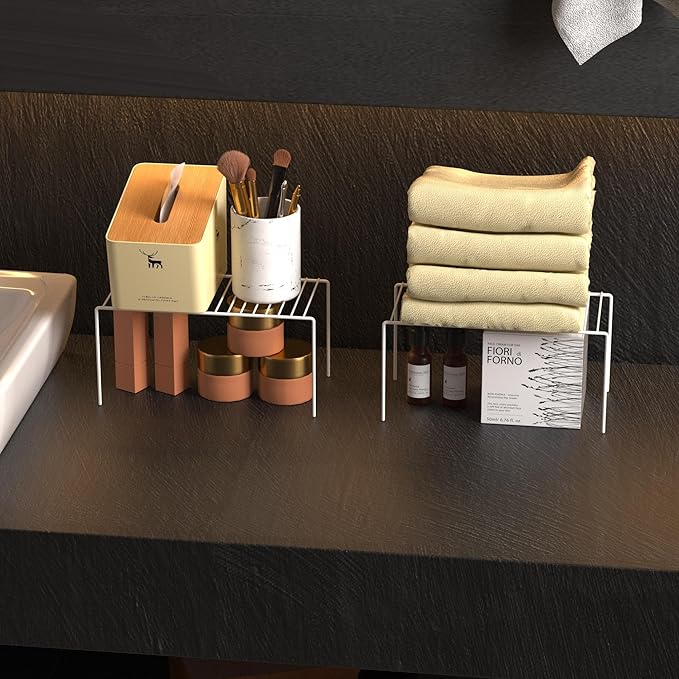 Redrubbit 2 Pack(10.6 x 5.1 Inch) Cabinet Storage Shelf Rack, Rustproof Kitchen Counter and Cabinet Shelf, Small Storage Rack Organizer for Kitchen, Fridge, Cabinet, Bathroom, White