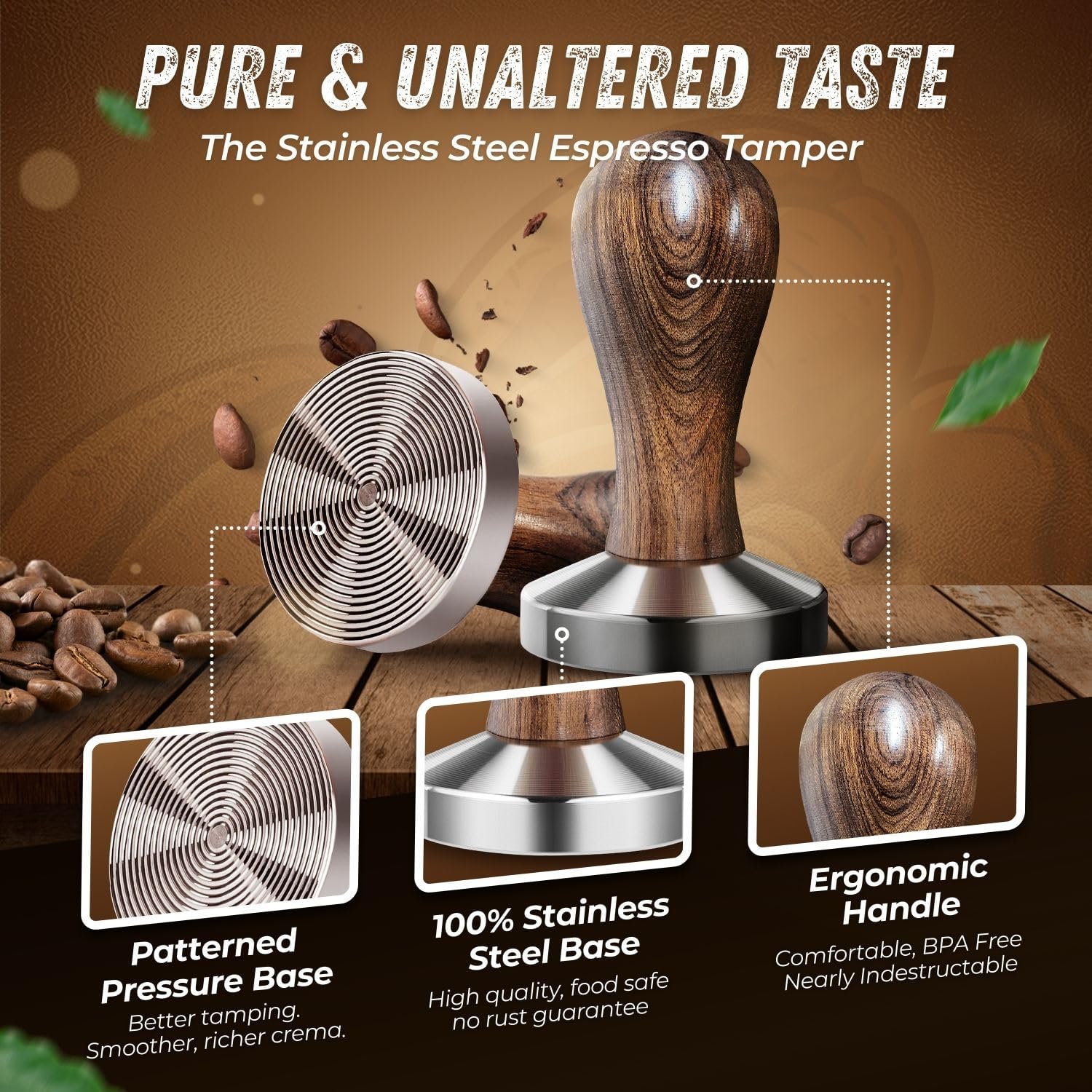 Flexzion Coffee Tamper 58mm Espresso Tamper Tool, Stainless Steel Barista-Quality Hand Press Espresso Maker with Ergonomic Wooden Handle