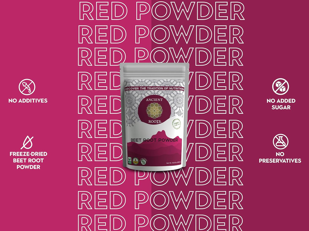 Ancient Roots Beet Root Powder - Freeze - Dried, All-Natural, No Sugar Added, Heart Health Support, Help Boost Stamina Naturally, Natural Food Coloring, Beets, Bulk Size 10.5 Ounces (75 Servings)