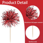 40 PCS Foil Firework Cupcake Toppers Sparkle Tinsel Cupcakae Picks Sparkler Fireworks Party Decorations Cocktail Fruit Toothpick for Birthday Wedding Graduation Party Decorations Supplies Red