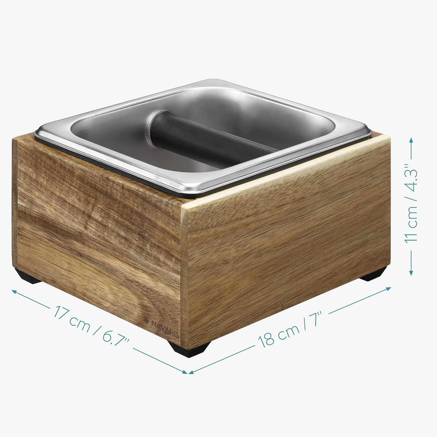 Navaris Coffee Knock Box - Stainless Steel and Wood Bin for Espresso Machine Coffee Grounds - With Silicone Bar for Knocking Portafilter Filter Grinds