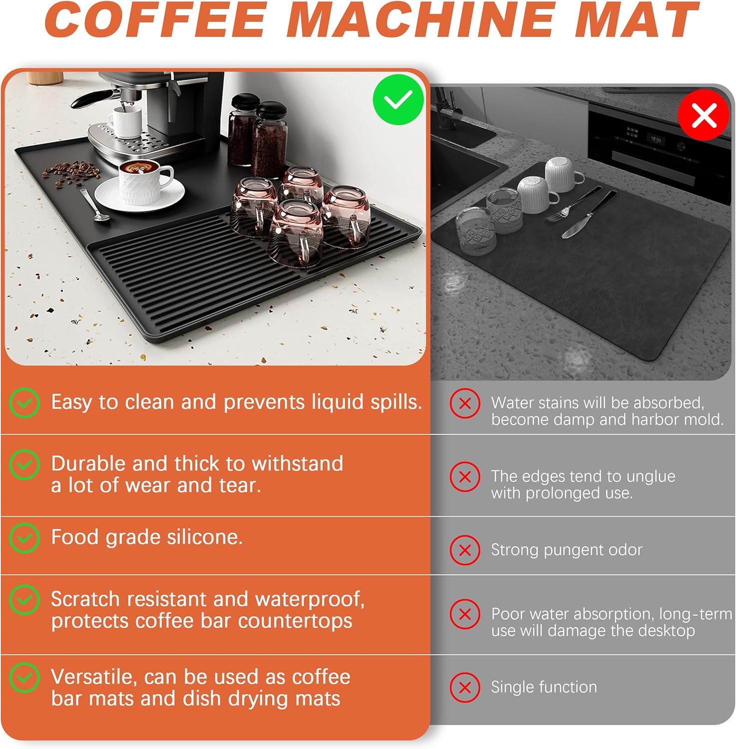 Silicone Coffee Mat, 24 x 16 Inch Non-Slip Heat Resistant, Large and Small Combination Bar Mat, Convex Edge Spill Resistant Design for Coffee Machines and Kitchen Countertops,Straight Stripe Black