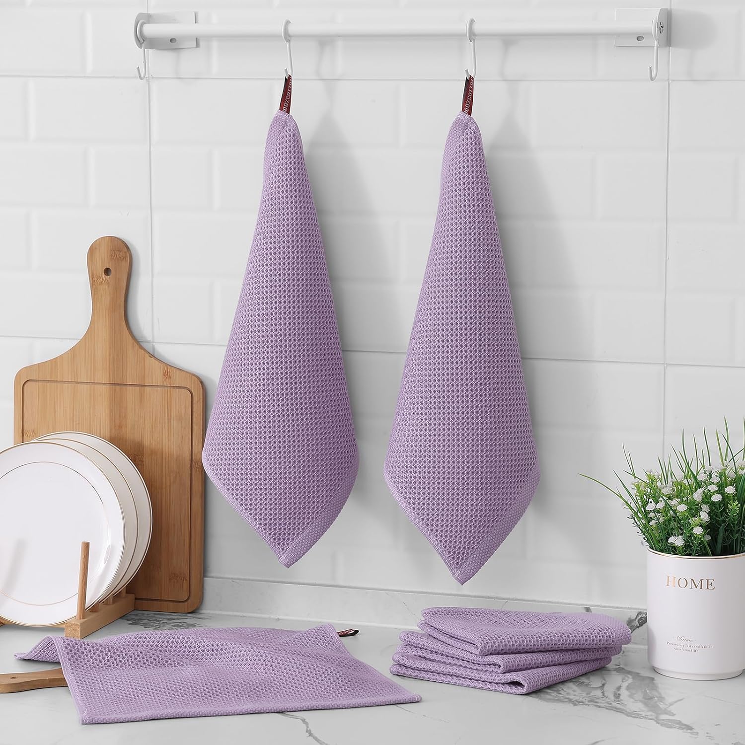Kitinjoy 100% Cotton Kitchen Dish Cloths, 8 Pack Waffle Weave Ultra Soft Absorbent Dish Towels for Drying Dishes Quick Drying Kitchen Towels Dish Rags, 12 X 12 Inches, Lavender