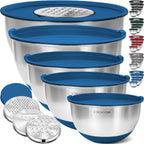 Priority Chef Stainless Steel Mixing Bowls with Lids Set, 3 Grater Attachments, Airtight Lids, Non-Slip Silicone Base Mixing Bowl Set, Large Prep Metal Mixing Bowls for Kitchen, Blue