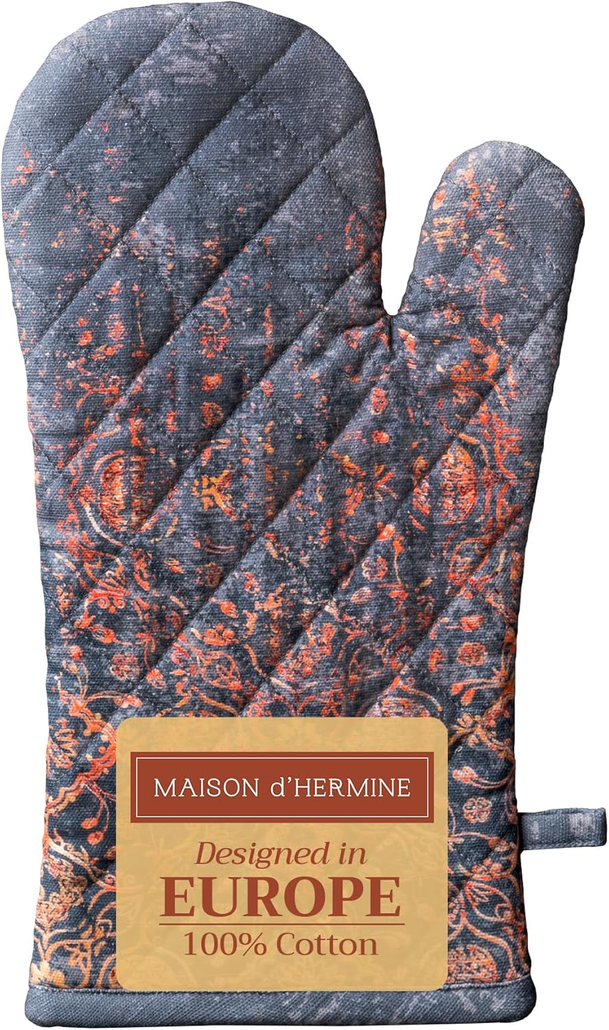 Maison d' Hermine Oven Gloves 100% Cotton Oven Mitt 7" x 13" with Loop Heat Resistant, BBQ, Cooking Gloves, Baking, Grilling, Kitchen, Handling Hot Pans (Pack of 1, Imperfection)