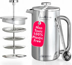 Ziruma Non-Toxic French Press, Surgical Stainless Steel Coffee Press, Plastic-Free, Heavy Metal-Free, No Endocrine Disruptors, 34 Oz, Double Wall, 4-Layer Filter, Portable Coffee Maker