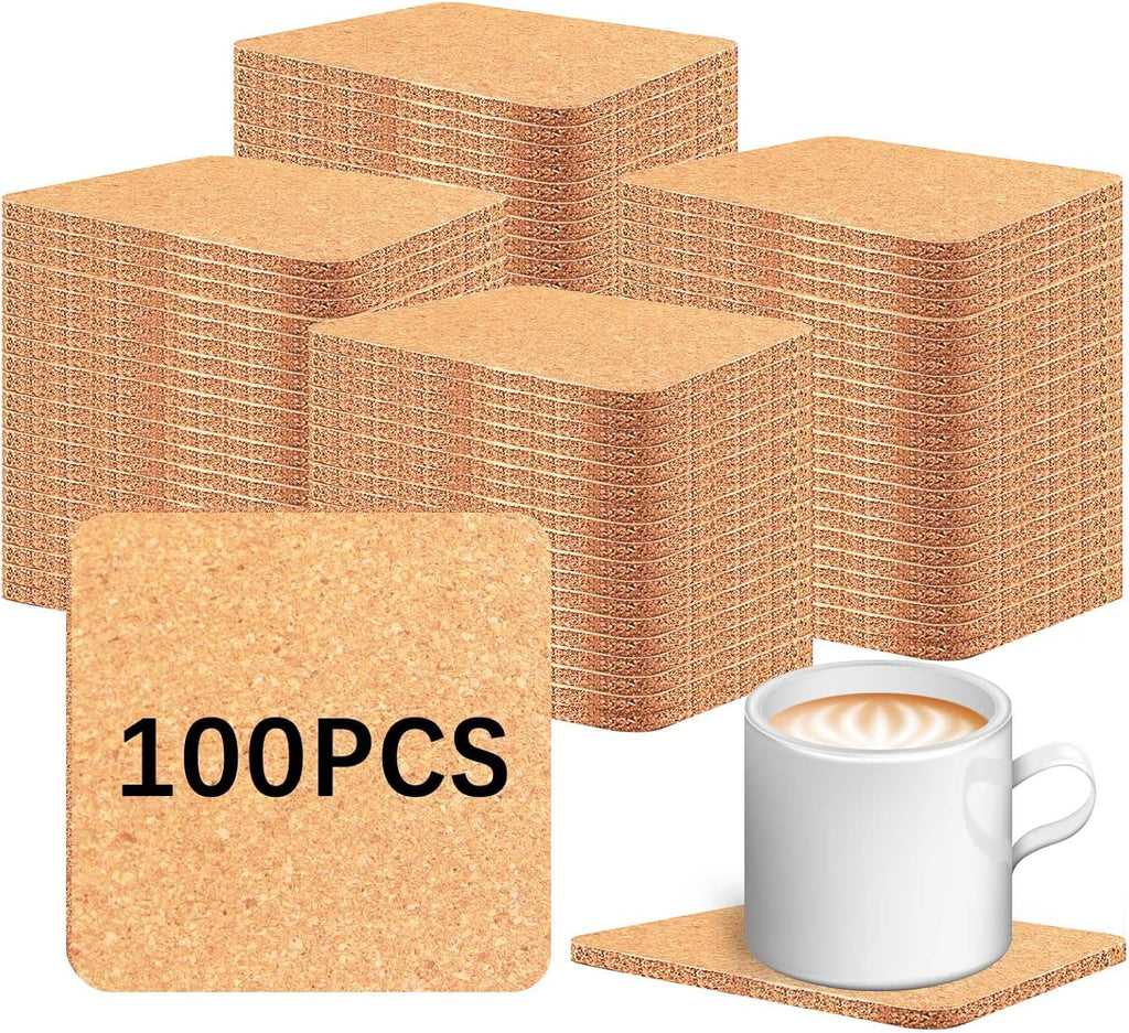 100 PCS Cork Coasters Bulk, Blank Square Cork Coasters DIY Crafts, Non-Slip Heat-Resistant Reusable Coffee Coaster, Suitable for Home Desktop Decoration