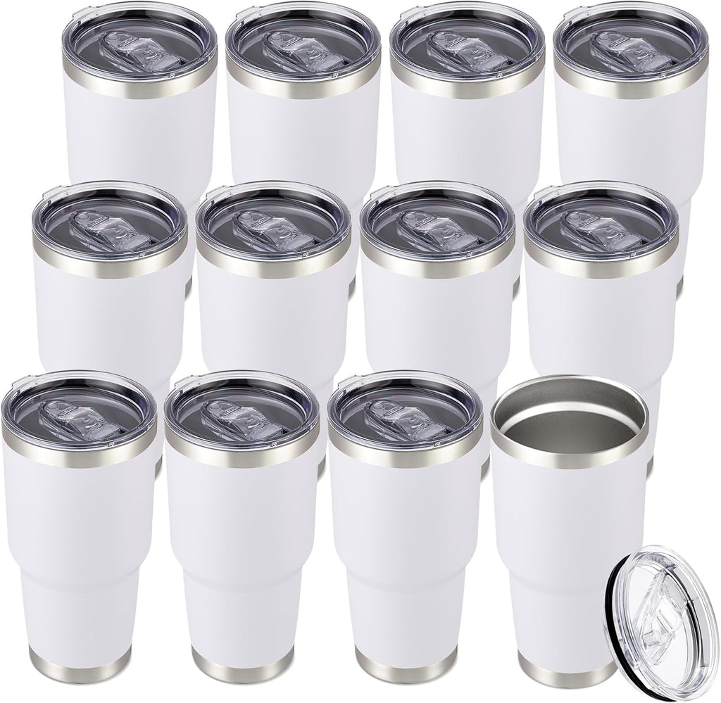 30 oz Tumbler with Lid Stainless Steel Tumblers Bulk Vacuum Insulated Cup Reusable Powder Coated Travel Mug Double Wall Leak Proof Cups Keep Cold Drinks for 12 Hours White, Set of 12