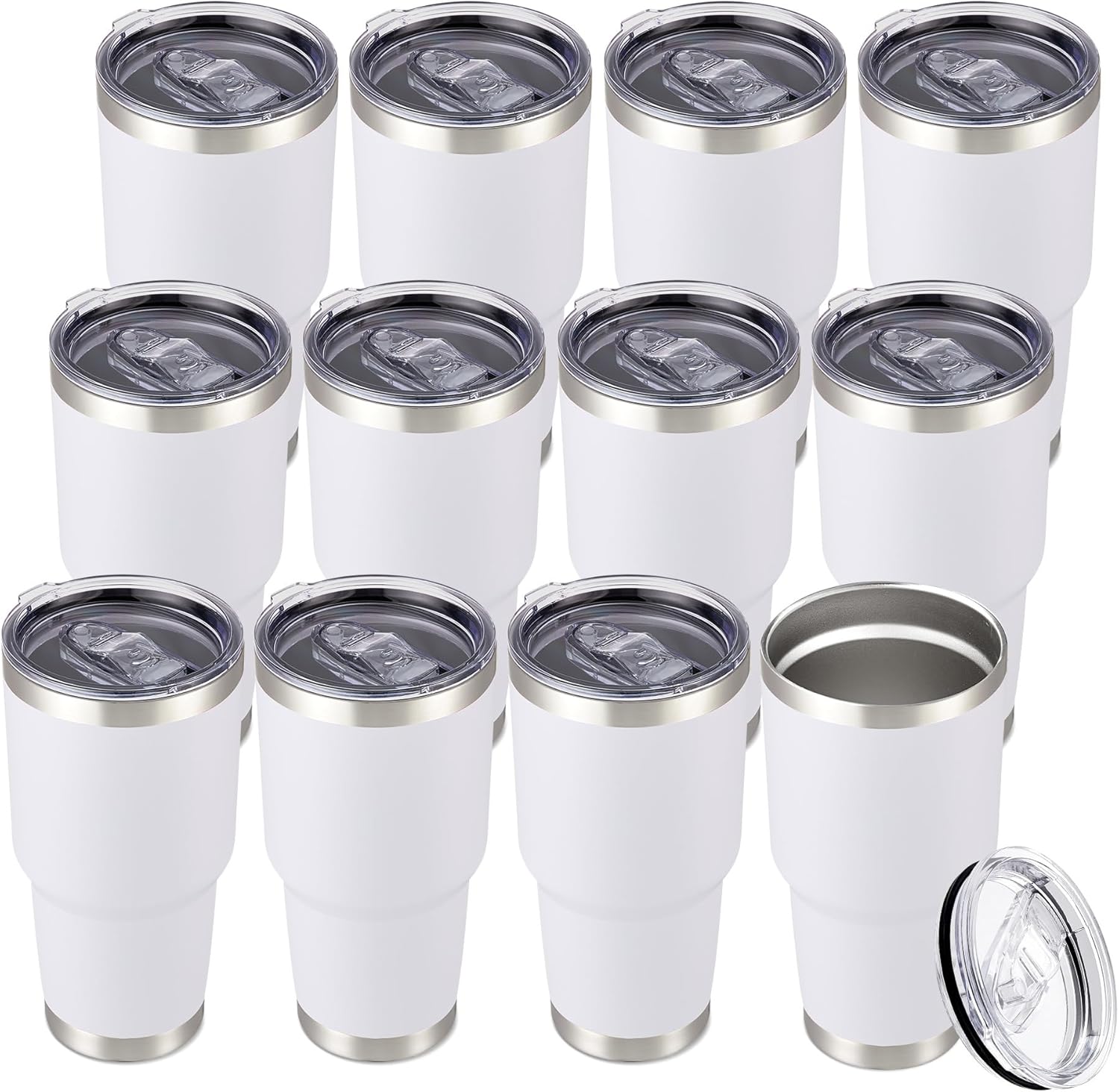 30 oz Tumbler with Lid Stainless Steel Tumblers Bulk Vacuum Insulated Cup Reusable Powder Coated Travel Mug Double Wall Leak Proof Cups Keep Cold Drinks for 12 Hours White, Set of 12