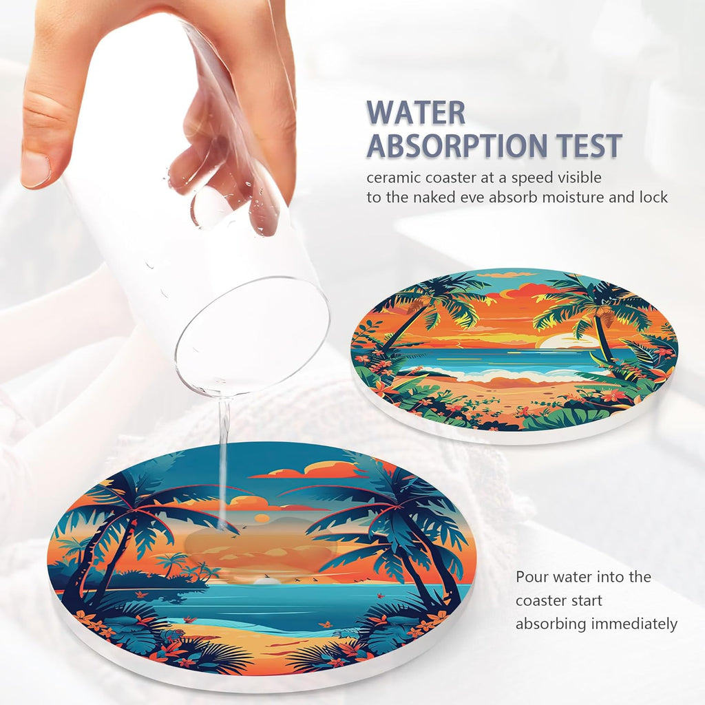 Drink Coasters Set of 6 with Holder, Palm Trees Beach Sunset Absorbent Ceramic Drink Coaster for Tabletop Protection,Suitable for Kinds of Cups,Drinks Coasters for Home Office Decoration(4 Inches)