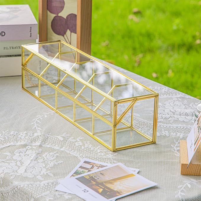 NCYP Glass Tea Bags Organizer with 5 Grids Compartments, Indoor Counter Top Brass Display Case with Lid, Storage Box, Gold, Decor, Teabag Storage, 14.5 x 3.6 x 3.66 Inches (Glass Box Only)