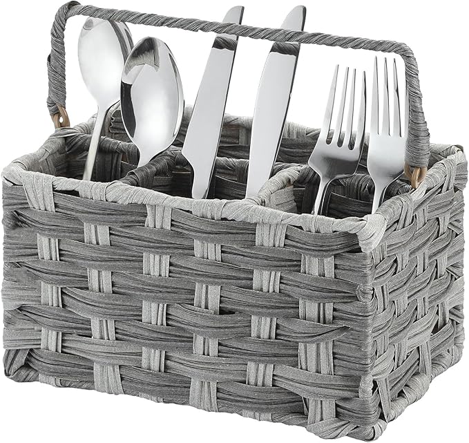 Silverware Holder for Party Plastic Utensil Holder Wicker Silverware Caddy Cutlery Holder with Handle Spoon and Fork Organizer Dark Gray Utensil Caddy for Kitchen Counter